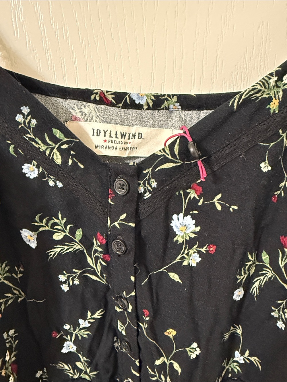 Idyllwind Black Floral Button-Front Dresswith Red and White Blooms